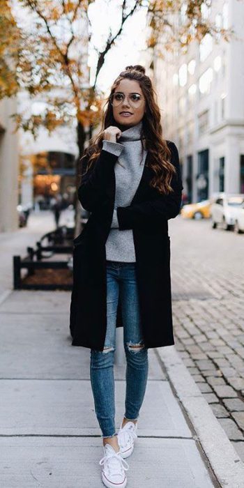 outfit con jeans chupin invierno