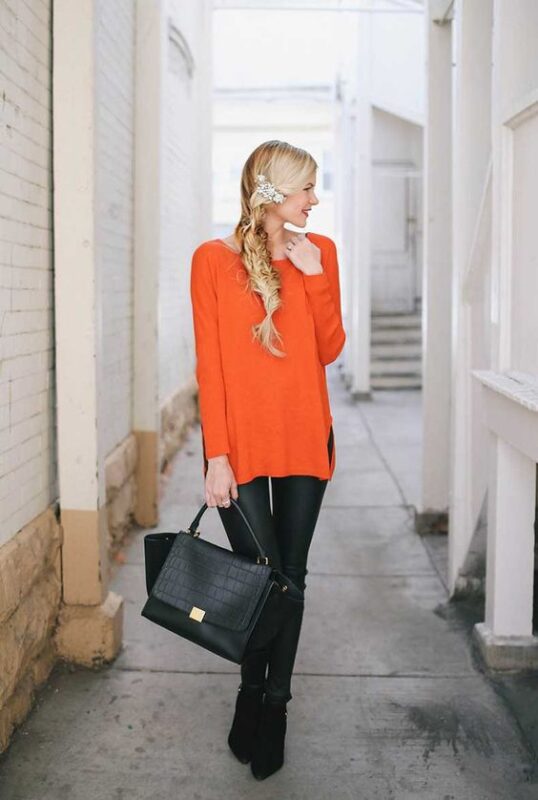 look formal sweater naranja y panalon engomado negro