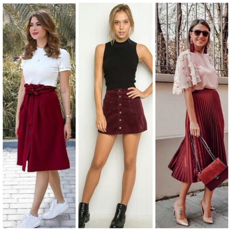 outfit con falda bordo